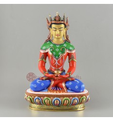 Hand Made 10.5" Amitabha Crown Buddha Gold Gilded Painted Copper Statue 