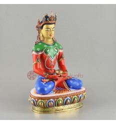 Hand Made 10.5" Amitabha Crown Buddha Gold Gilded Painted Copper Statue 