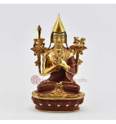 Hand Carved 24 Karat Gold Gilded and Hand Painted 9.5" Guru Je Tsongkhapa Statue