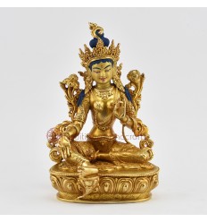 Beautiful Tibetan Buddhist Hand Made Gold Gilded 8.75" Green Tara Statue 