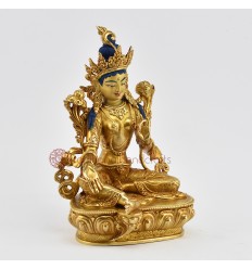 Beautiful Tibetan Buddhist Hand Made Gold Gilded 8.75" Green Tara Statue 