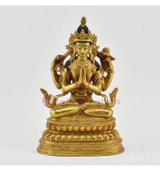 Hand Carved Gold Gilded & Hand Face Painted Buddhist Tibetan Chenrezig / Avalokiteshvara Statue