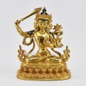 Hand Carved Gold Gilded & Hand Face Painted Buddhist Tibetan 8.75" Manjushri Statue