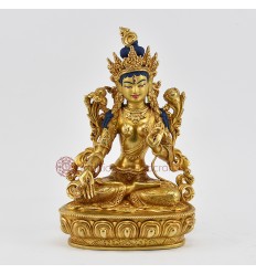 Hand Carved 24 Karat Gold Gilded & Face Painted Tibetan Buddhist White Tara Copper Statue 