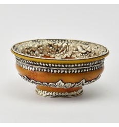 Hand carved Silver Decorated Yellow Resin Phuru – Tibetan Tea / Offering Bowl