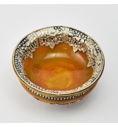 Hand carved Silver Decorated Yellow Resin Phuru – Tibetan Tea / Offering Bowl