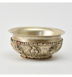 Hand carved White Metal Decorated Yellow Resin inside Phuru – Tibetan Tea / Offering Bowl