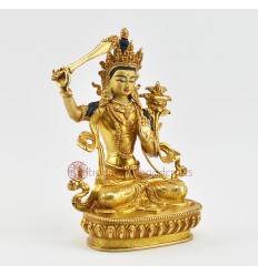 Hand Carved Gold Face Painted 8.75" Manjushri /  Jambiyang Gold Gilded Copper Statue