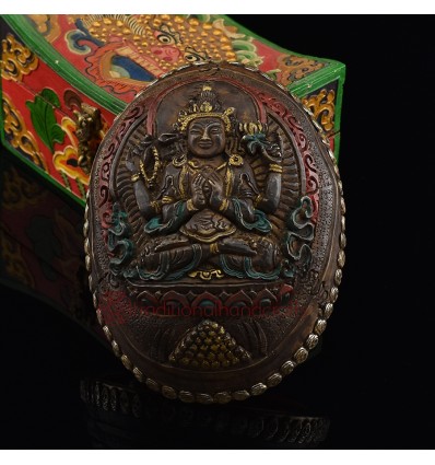Hand Carved Tibetan Buddhism Traditional 7" Chenrezig / Four Armed Avalokiteshvara Carved Resin Kapala 