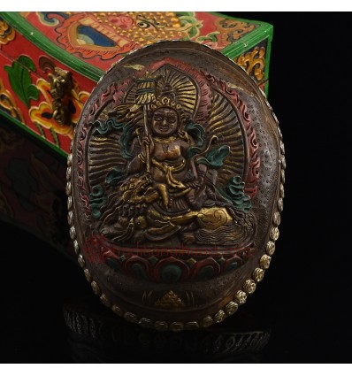 Hand Carved Tibetan Buddhism Traditional 7" Namtose Vaisravana - Lion Dzambhala Carved Resin Kapala