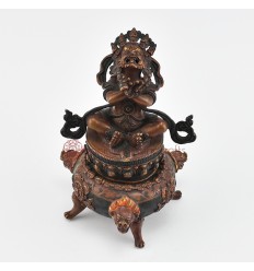 Hand Carved Copper Alloy in Oxidation Finish 7" Mahakala Incense Burner - Dhoopdani