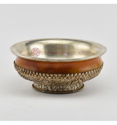 Hand Made Yellow Resin and Silver 6.5" Tibetan Bowl Phuru Offering Bowl