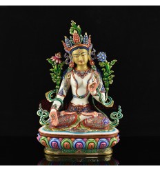 Hand Painted with 24 Karat Gold Gilded and Hand Painted Face 14.5" White Tara / Dholkar Statue