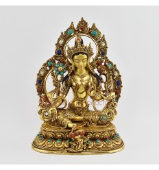 Finely Hand Carved Tibetan Buddhist Ritual 10.75" Green Tara / Dholma Statue
