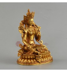  Gold Plated Copper Alloy with Antique Finish 4" Green Tara / Dholma Statue