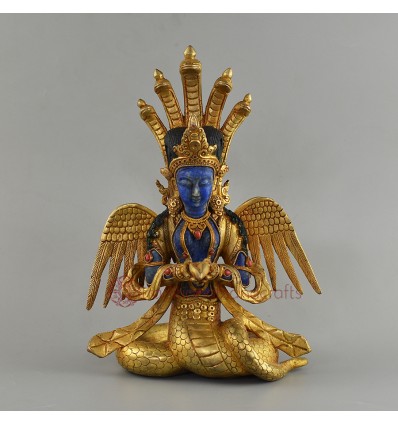 Hand Carved  Gold Plated Copper Alloy and Lapis 9.5" Nag Kanya Statue