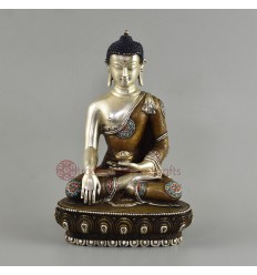 Hand Carved Copper Alloy Silver Plated in Oxidation Finish 7.25" Shakyamuni Buddha Statue