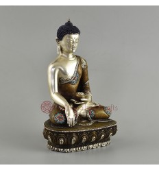 Hand Carved Copper Alloy Silver Plated in Oxidation Finish 7.25" Shakyamuni Buddha Statue