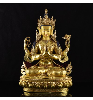 Hand Carved 24 Karat Gold Gilded Hand Painted Face Tibetan19" Chenrezig Copper Ritual Statue
