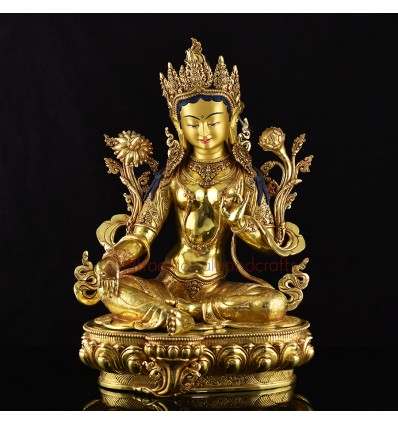 Hand Carved 24 Karat Gold Gilded Hand Painted Face Tibetan 18.5" Green Tara Copper Ritual Statue