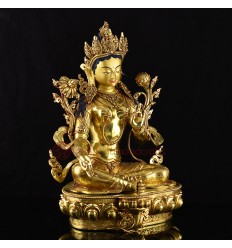 Hand Carved 24 Karat Gold Gilded Hand Painted Face Tibetan 18.5" Green Tara Copper Ritual Statue