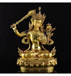 Hand Carved 24 Karat Gold Gilded Hand Painted Face Tibetan 19" Manjushri Copper Ritual Statue