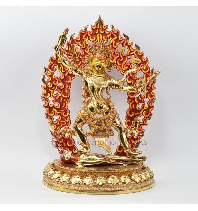 Hand Made Copper Alloy Gold Gilded and Hand Painted Face 13.5" Ekajati Statue