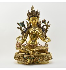 Tibetan Buddhist Copper Alloy with Gold Gilded, Hand Painted Face 18.5" Green Tara Statue
