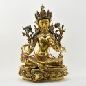 Tibetan Buddhist Copper Alloy with Gold Gilded, Hand Painted Face 18.5" Green Tara Statue