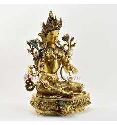 Tibetan Buddhist Copper Alloy with Gold Gilded, Hand Painted Face 18.5" Green Tara Statue