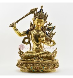 Tibetan Buddhist Copper Alloy with Gold Gilded, Hand Painted Face 19" Manjushri Statue