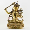 Tibetan Buddhist Copper Alloy with Gold Gilded, Hand Painted Face 19" Manjushri Statue
