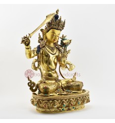 Tibetan Buddhist Copper Alloy with Gold Gilded, Hand Painted Face 19" Manjushri Statue