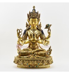 Tibetan Buddhist Copper Alloy with Gold Gilded, Hand Painted Face 19" Chenrezig Statue