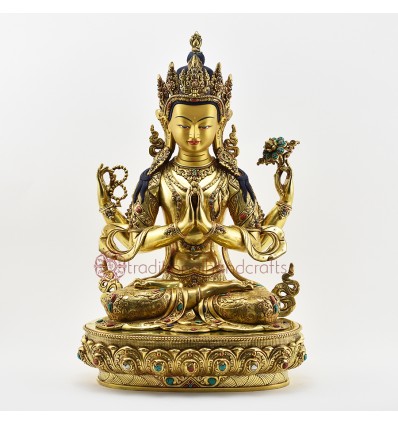 Tibetan Buddhist Copper Alloy with Gold Gilded, Hand Painted Face 19" Chenrezig Statue