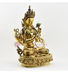 Tibetan Buddhist Copper Alloy with Gold Gilded, Hand Painted Face 19" Chenrezig Statue