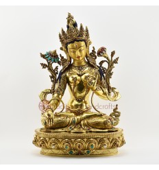 Tibetan Buddhist Copper Alloy with Gold Gilded, Hand Painted Face 19" White Tara Statue