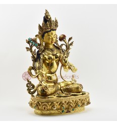 Tibetan Buddhist Copper Alloy with Gold Gilded, Hand Painted Face 19" White Tara Statue