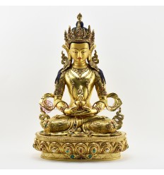 Tibetan Buddhist Copper Alloy with Gold Gilded, Hand Painted Face 19" Aparmita Statue