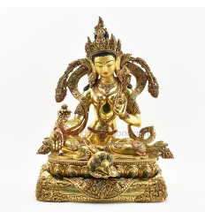 Tibetan Buddhist Copper Alloy with Gold Gilded, Hand Painted Face 15" Green Tara a Statue