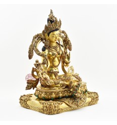 Tibetan Buddhist Copper Alloy with Gold Gilded, Hand Painted Face 15" Green Tara a Statue
