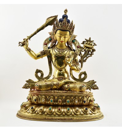 Tibetan Buddhist Copper Alloy with Gold Gilded, Hand Painted Face  20.5" Manjushri Statue
