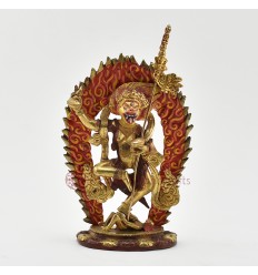 Hand made Copper Alloy with Gold Plated and Hand Painted Face 7.25" Dakini Simhamukha Statue
