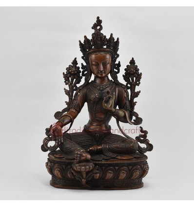 Hand Carved Copper Alloy in Oxidation Finish 13.75" Green Tara / Drolma Statue
