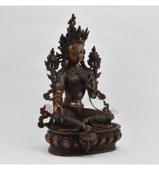 Hand Carved Copper Alloy in Oxidation Finish 13.75" Green Tara / Drolma Statue