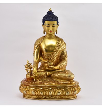 Hand Made Copper Alloy Gold Gilded and Hand Painted Face 15.5" Medicine Buddha Statue