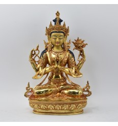 Hand Made Copper Alloy with Gold Gilded 12.5" Chenrezig /Avalokiteshvara Statue