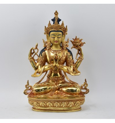 Hand Made Copper Alloy with Gold Gilded 12.5" Chenrezig /Avalokiteshvara Statue