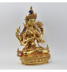 Hand Made Copper Alloy with Gold Gilded 12.5" Chenrezig /Avalokiteshvara Statue