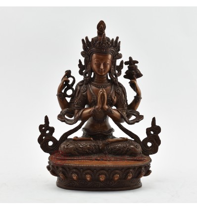 Hand Made Copper Alloy in Oxidation Finish 9" Chenrezig / Four Armed Avalokiteshvara Statue